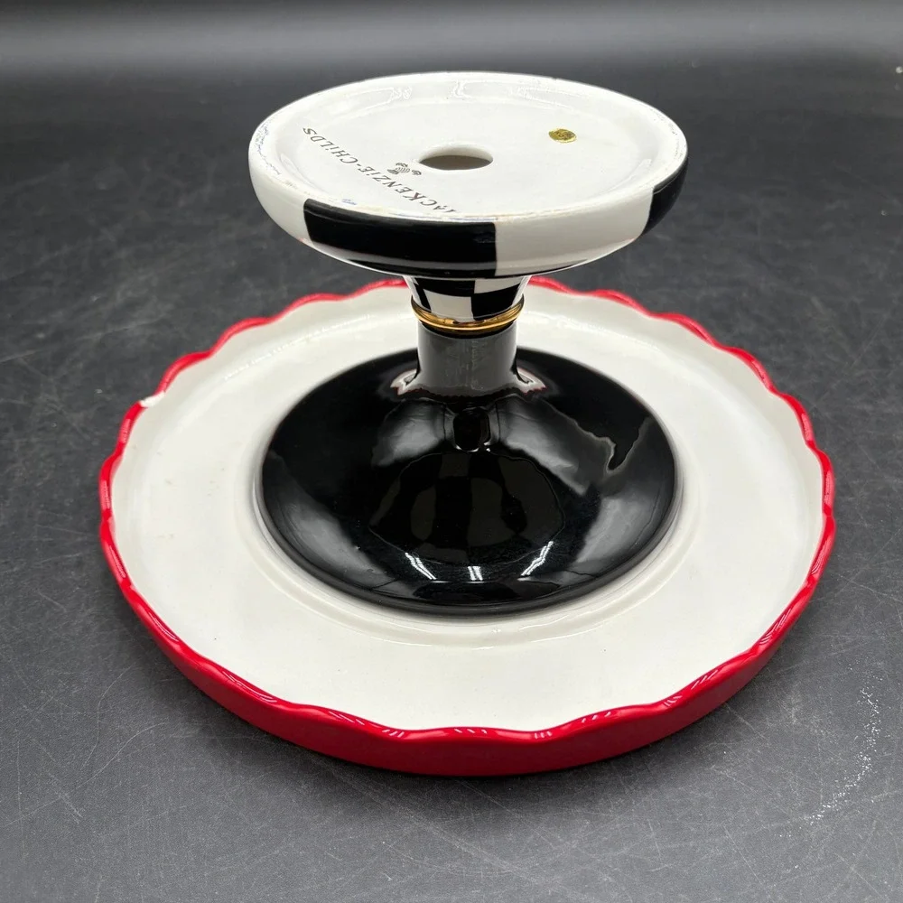 MacKenzie-Childs Cardinal Floral Cake Stand Courtly Check Base Red White Black